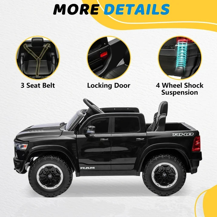 RAM 1500 Ride on Truck Cars, 12V Powered Ride on Toys with Remote Control, 4 Wheel Suspension Electric Cars for 3-5 Yrs Boy Girl W/Key Switch, Safety Belt, Music, Bluetooth, LED Lights, Black