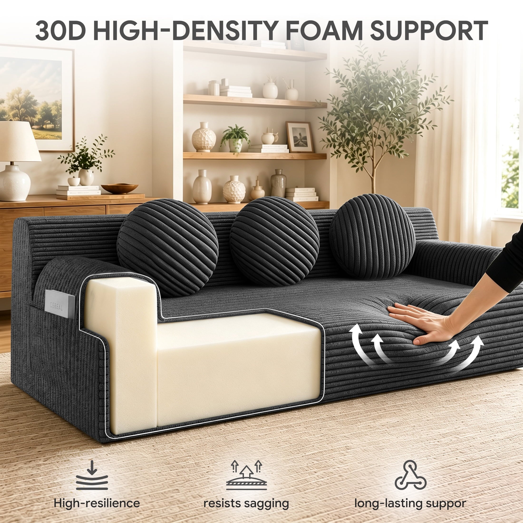 UHOMEPRO 71" Small Cloud Couch, 3 Seater Sofa with High Density Foam, No Assembly Low Profile Floor Couch for Bedroom, Apartment, 1200lbs, Deep Gray