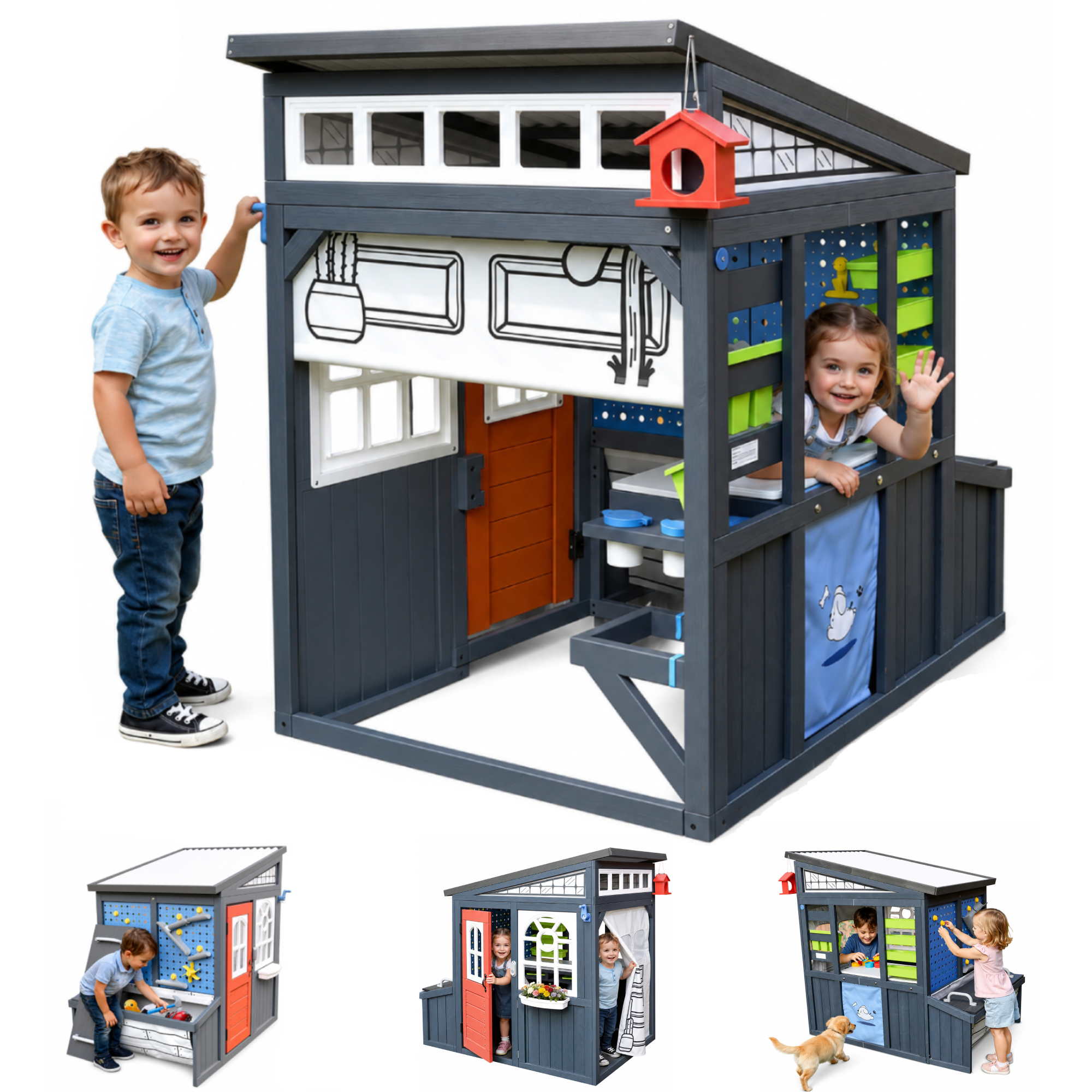 COCLUB Outdoor Playhouse for Kids, Wodden Playhouse w/ Workbench, Tools & Storage Accessories, STEM Educational Outdoor Toys Gift for Boys Girls Ages 3-8