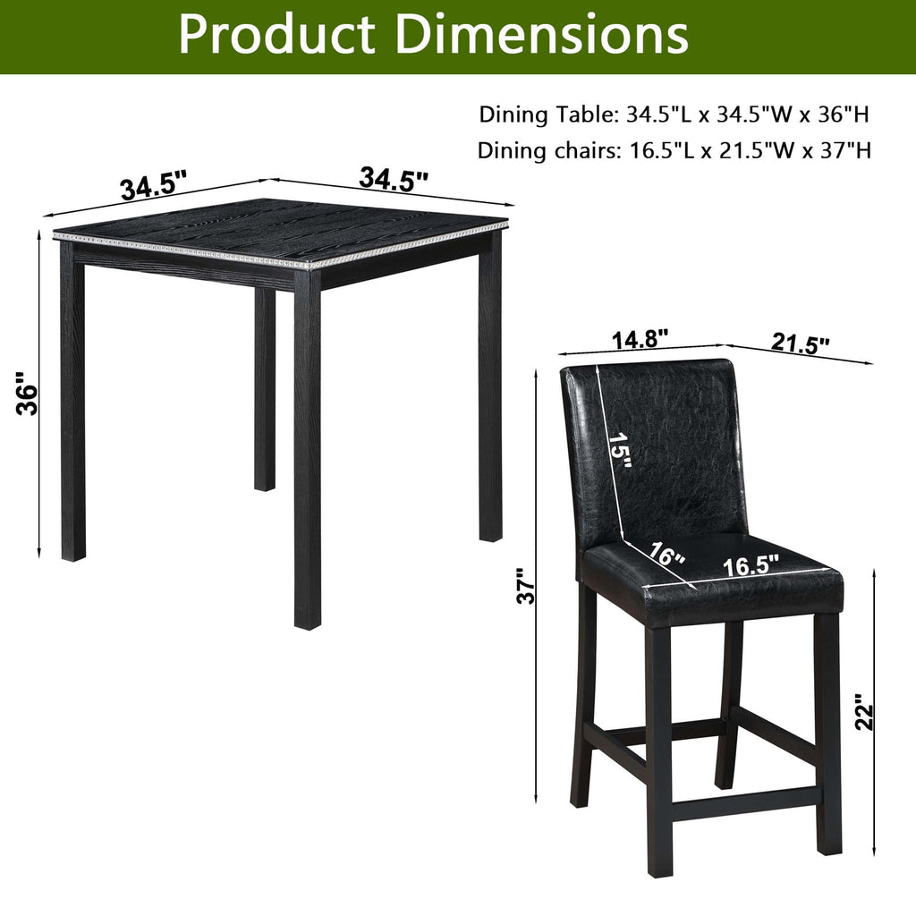 UHOMEPRO Dining Table Set for 4, Counter Height Dining Table and Chair Set, Square Wooden Table with 4 Upholstered Chairs and Crystal Decoration, Kitchen and Dining Room, Gray