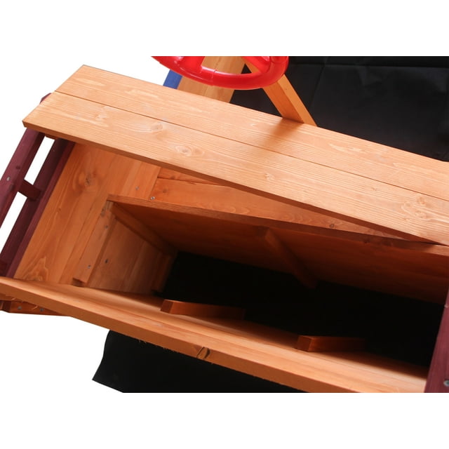 COCLUB Pirate Ship Sandbox, Kids Wooden Sandbox with Cover and Rudder, Boys and Girl Outdoor Toy with Storage Bench and Seat, Gift for Ages 3-8