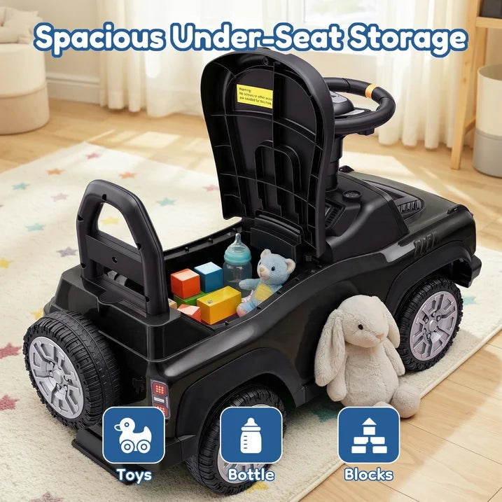Push Car for Toddlers 1–3, Ford Bronco Ride On Toy with Steering Wheel, Music, Horn & Engine Sounds, LED Lights, Under Seat Storage, Silent Wheels, Easy Push Ride On Car for Boys & Girls, Black