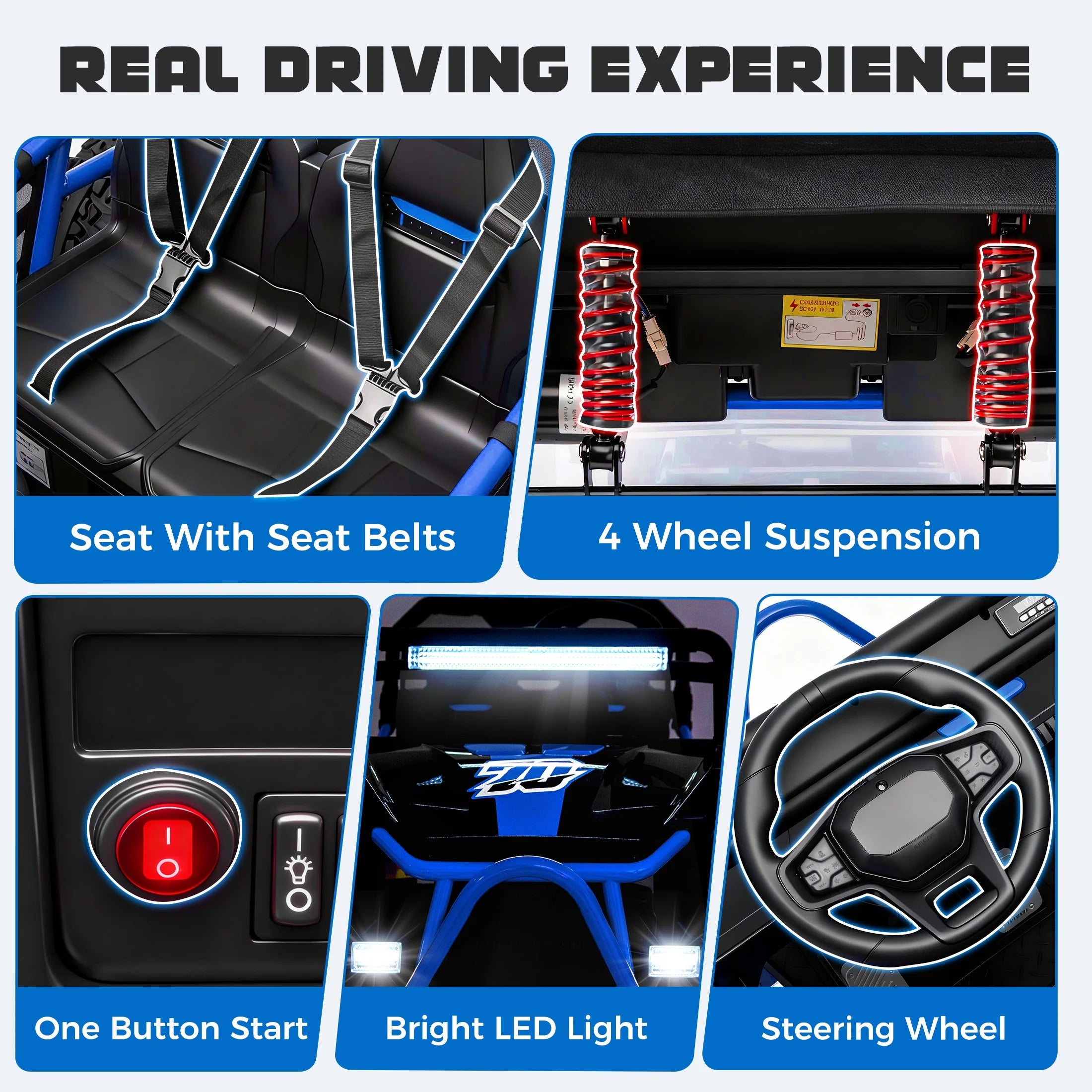 36V Electric Ride on Car Toy for Big Kids, 4 Wheels Spring Suspension Cars, 2 Seater Powered Electric  UTV Toys for Boys Girls 6+, Kids Ride on Toy with Bluetooth, Music, 3 Point Seatbelts, Blue