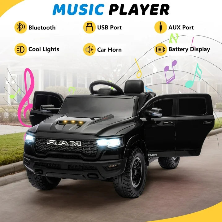 RAM 1500 Ride on Truck Cars, 12V Powered Ride on Toys with Remote Control, 4 Wheel Suspension Electric Cars for 3-5 Yrs Boy Girl W/Key Switch, 5 Point Safety Belt, Music, Bluetooth, LED Lights, Black