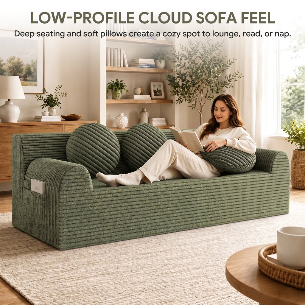 UHOMEPRO 71" Small Cloud Couch, 3 Seater Sofa with High Density Foam, No Assembly Low Profile Floor Couch for Bedroom, Apartment, 1200lbs, Deep Gray