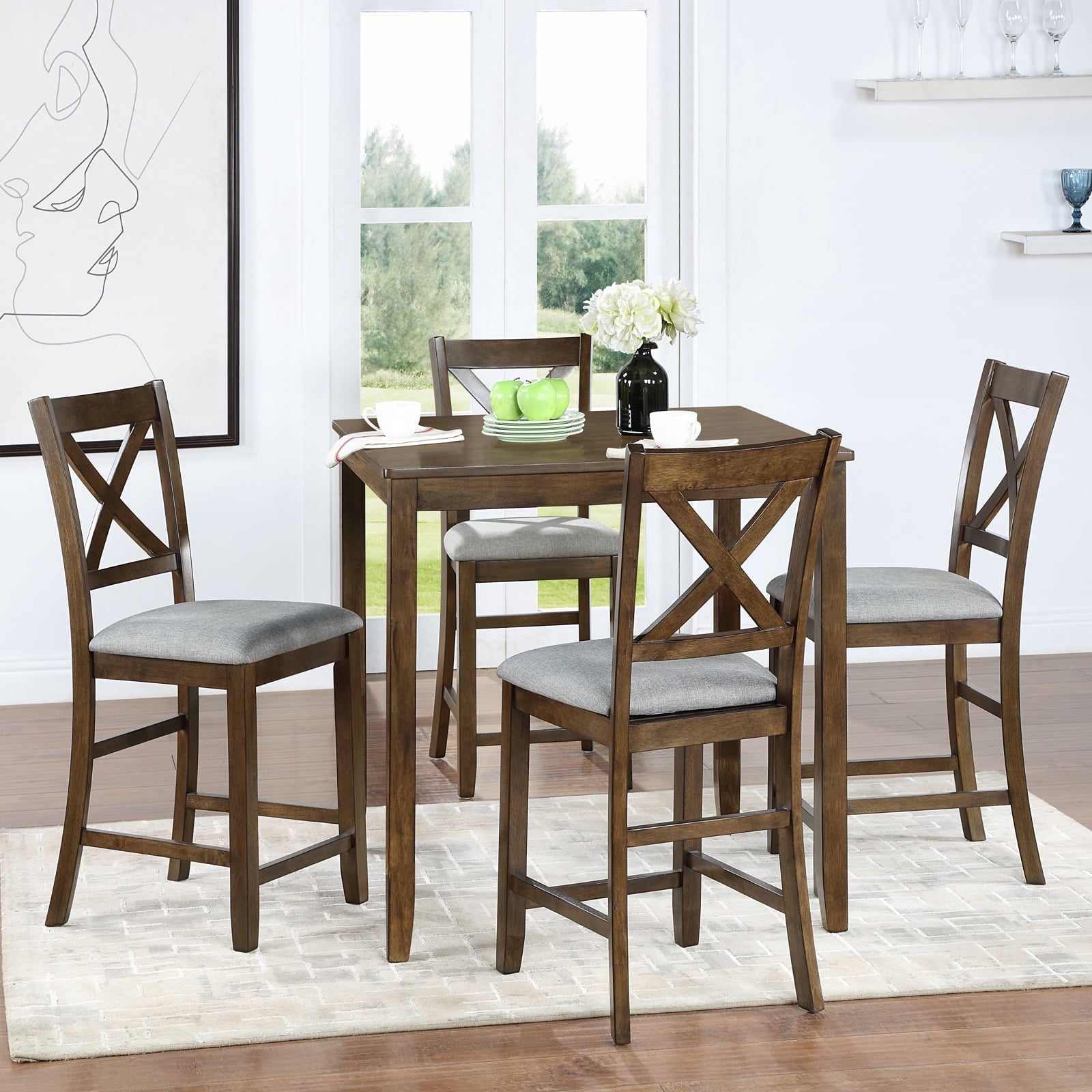 UHOMEPRO Dining Table Set for 4, Modern Counter Height Kitchen Table with 4 Upholstered Chairs, 5 Piece Solid Wood Dining Room Set, Farmhouse Kitchen Dining Table set of 4 for Home, Walnut Style A
