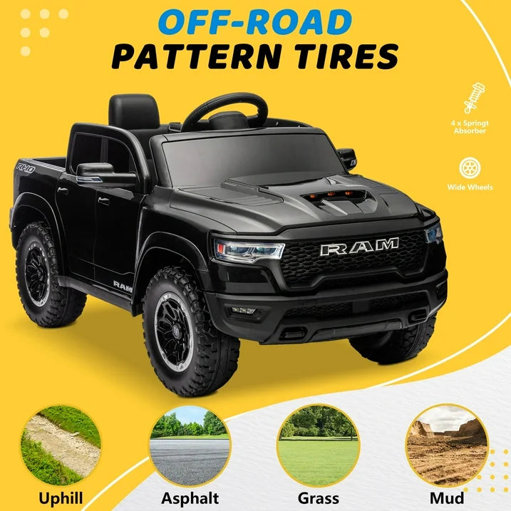 RAM 1500 Ride on Truck Cars, 12V Powered Ride on Toys with Remote Control, 4 Wheel Suspension Electric Cars for 3-5 Yrs Boy Girl W/Key Switch, Safety Belt, Music, Bluetooth, LED Lights, Black