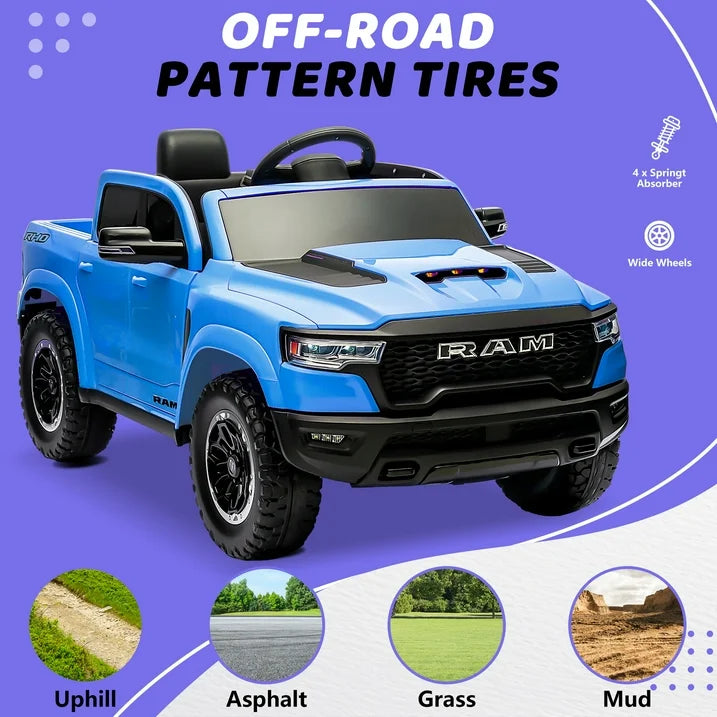 RAM 1500 Ride on Truck Cars, 12V Powered Ride on Toys with Remote Control, 4 Wheel Suspension Electric Cars for 3-5 Yrs Boy Girl W/Key Switch, Safety Belt, Music, Bluetooth, LED Lights, Blue