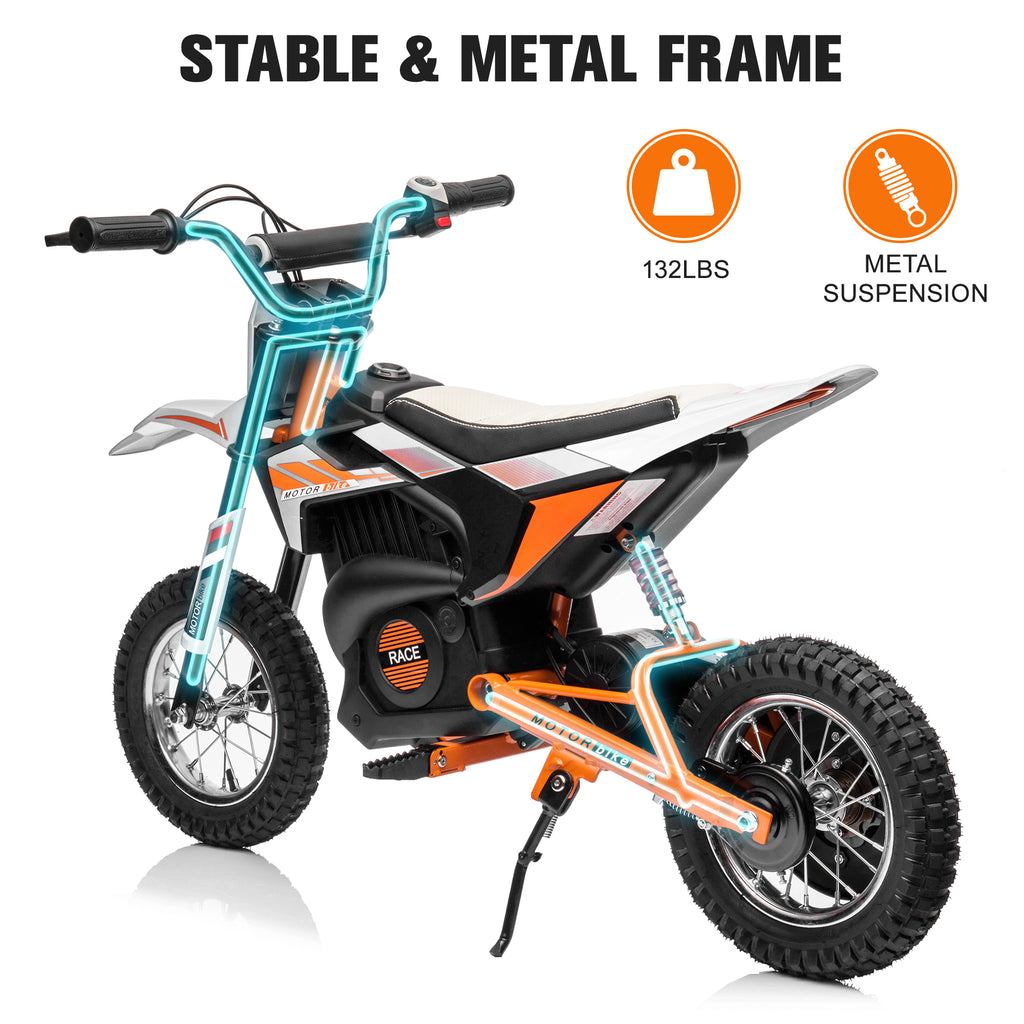 24V Electric Dirt Bike for Age 13+, 250W Battery Powered Ride On Motorcycle Toy with Twist Grip Throttle, Hand-operated Rear Brake, Chain-driven Motor, Rear Wheel Suspension, White