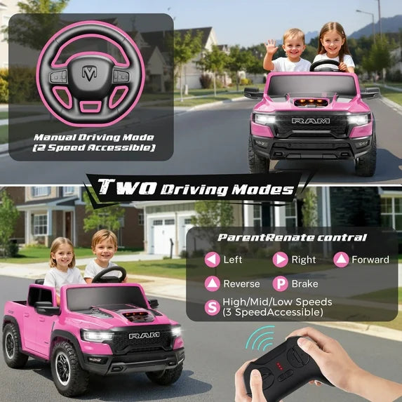 RAM 24V Ride on Cars for Tow Kids, RAM 1500 RHO 2 Seat Battery Powered Ride on Toys with Remote Control, 4 Wheels Suspension Trunk, LED Light, MP3 Player, Electric Car for Kids Boy Girl Gift, Red