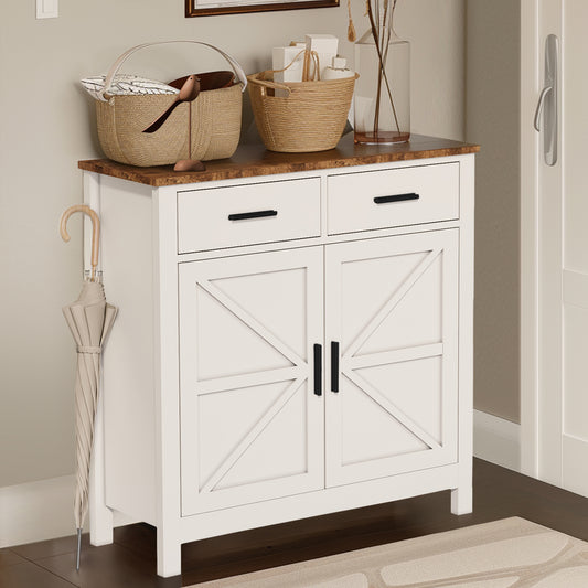 Uhomepro Farmhouse Buffet Cabinet with 2 Drawers, Wood Coffee Bar Cabinet with Adjustable Shelf for Kitchen Dining Room Entryway, White