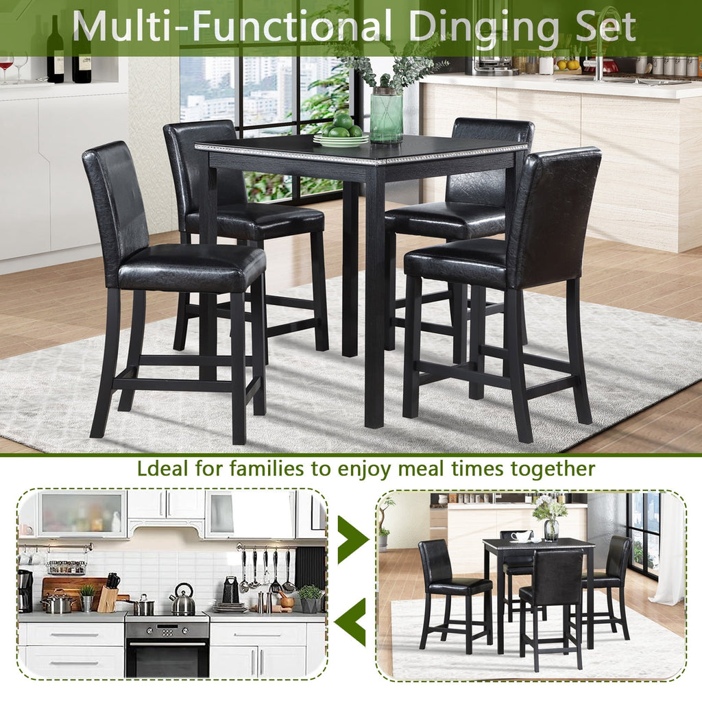 UHOMEPRO Dining Table Set for 4, Counter Height Dining Table and Chair Set, Square Wooden Table with 4 Upholstered Chairs and Crystal Decoration, Kitchen and Dining Room, Gray