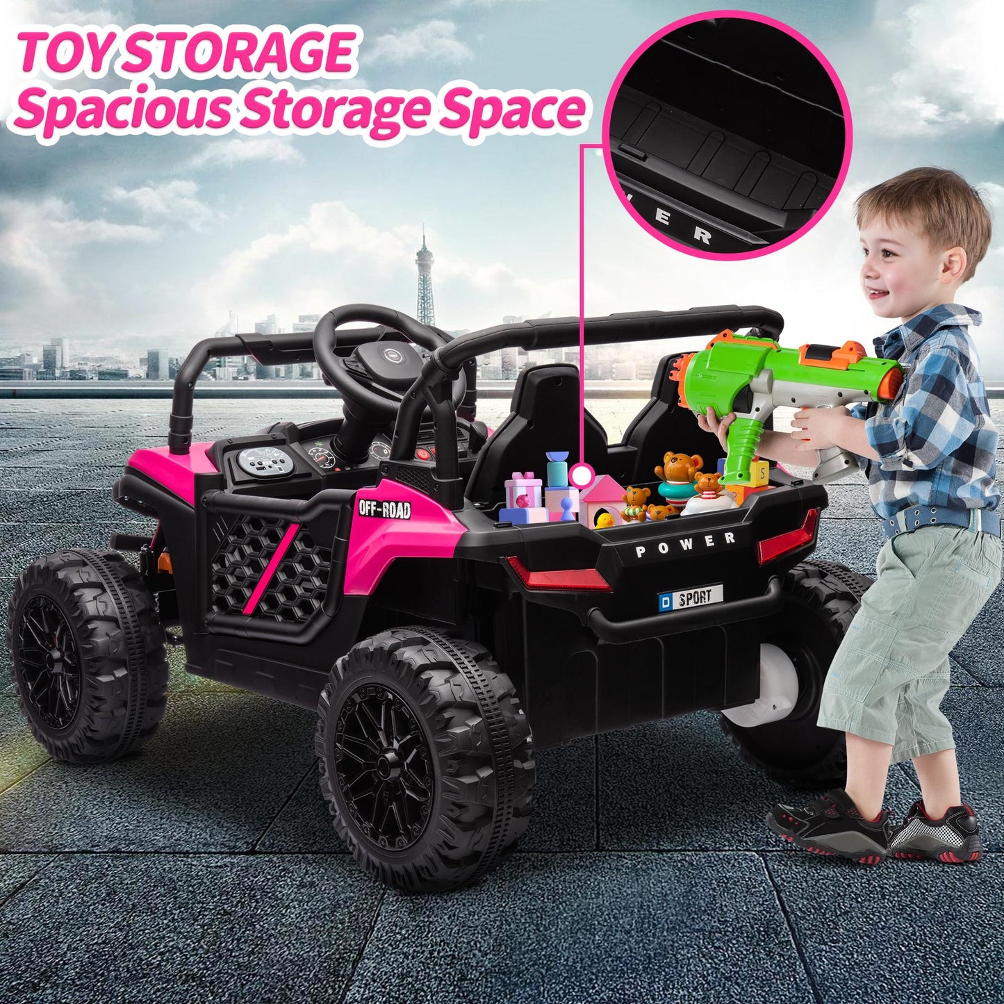 uhomepro Ride on Truck Car,12 V Powered Ride Toys for Kids with Remote Control Spring Suspension, LED Lights, MP3 Player, Electric Vehicles for Boys and Girls Gifts, Pink