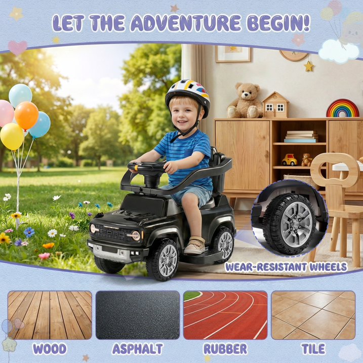 3 in 1 Push Car for Toddlers 1–3, Licensed Ford Bronco Ride On Car with Parent Steering Handle, Steering Wheel, Removable Guardrail & Footrest, Music, Horn, Under Seat Storage, Silent Wheels, Black