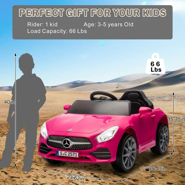 Kids Ride on Cars, 12V Powered Mercedes Benz Ride on Toys w/Remote Control, Music, Bluetooth, LED Light, USB, Power Display, Four Wheel Suspension Electric Car for Toddlers 2-4 Year Olds, Pink