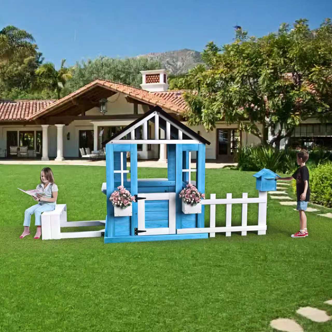 COCLUB Outdoor Playhouse for Kids Ages 3-8, Wooden Play House with Picnic Bench, Mailbox, Fence, Flowerpot Holders, Cottage Playhouse for Backyard, Garden, Patio, Gift for Boys, Girls