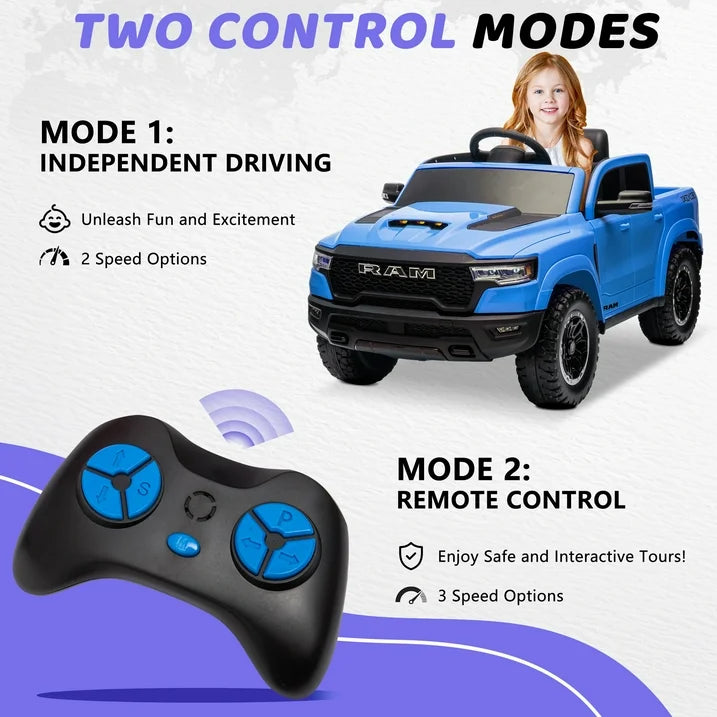 RAM 1500 Ride on Truck Cars, 12V Powered Ride on Toys with Remote Control, 4 Wheel Suspension Electric Cars for 3-5 Yrs Boy Girl W/Key Switch, Safety Belt, Music, Bluetooth, LED Lights, Blue
