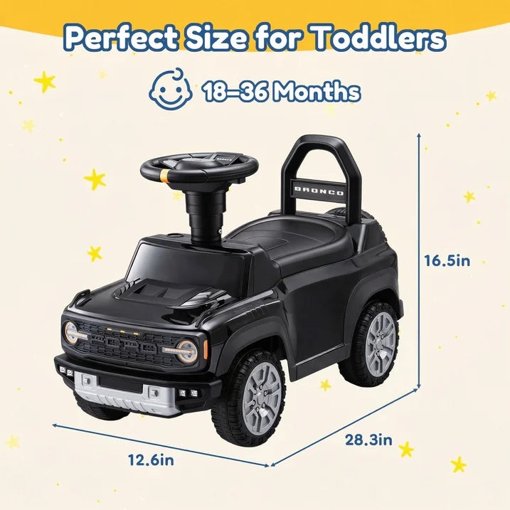 Push Car for Toddlers 1–3, Ford Bronco Ride On Toy with Steering Wheel, Music, Horn & Engine Sounds, LED Lights, Under Seat Storage, Silent Wheels, Easy Push Ride On Car for Boys & Girls, Black