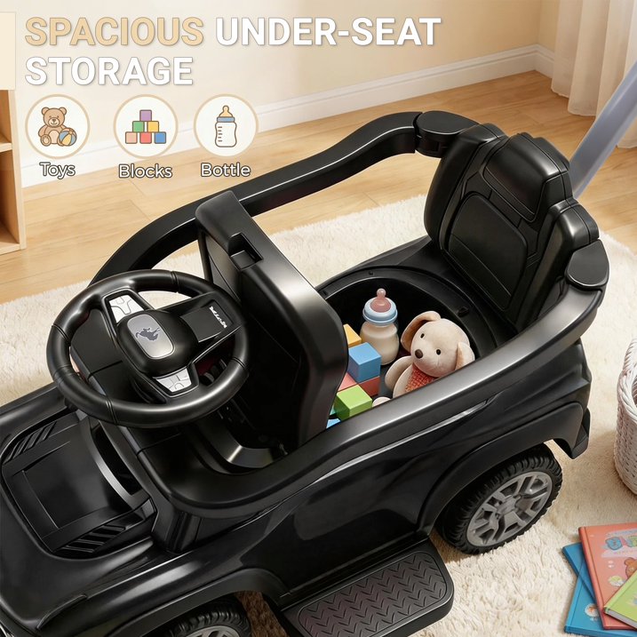 3 in 1 Push Car for Toddlers 1–3, Ford Bronco Ride On Car Toy with Adjustable Parent Steering Handle, Removable Guardrail & Footrest, Canopy, Music, Horn, LED, Under Seat Storage, Silent Wheels