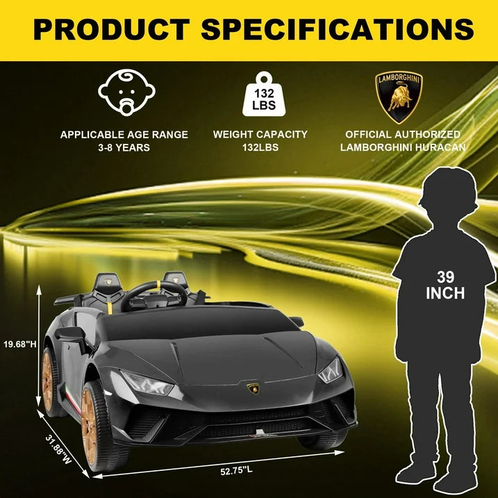 Lamborghini Huracan 24V Powered Ride on Car 2 Seat, 4WD Electric Cars for Kids with Remote Control, Suspension, LED Light, Music, Bluetooth, Children Ride on Toy for 3-8 Years Boys Girls, Black