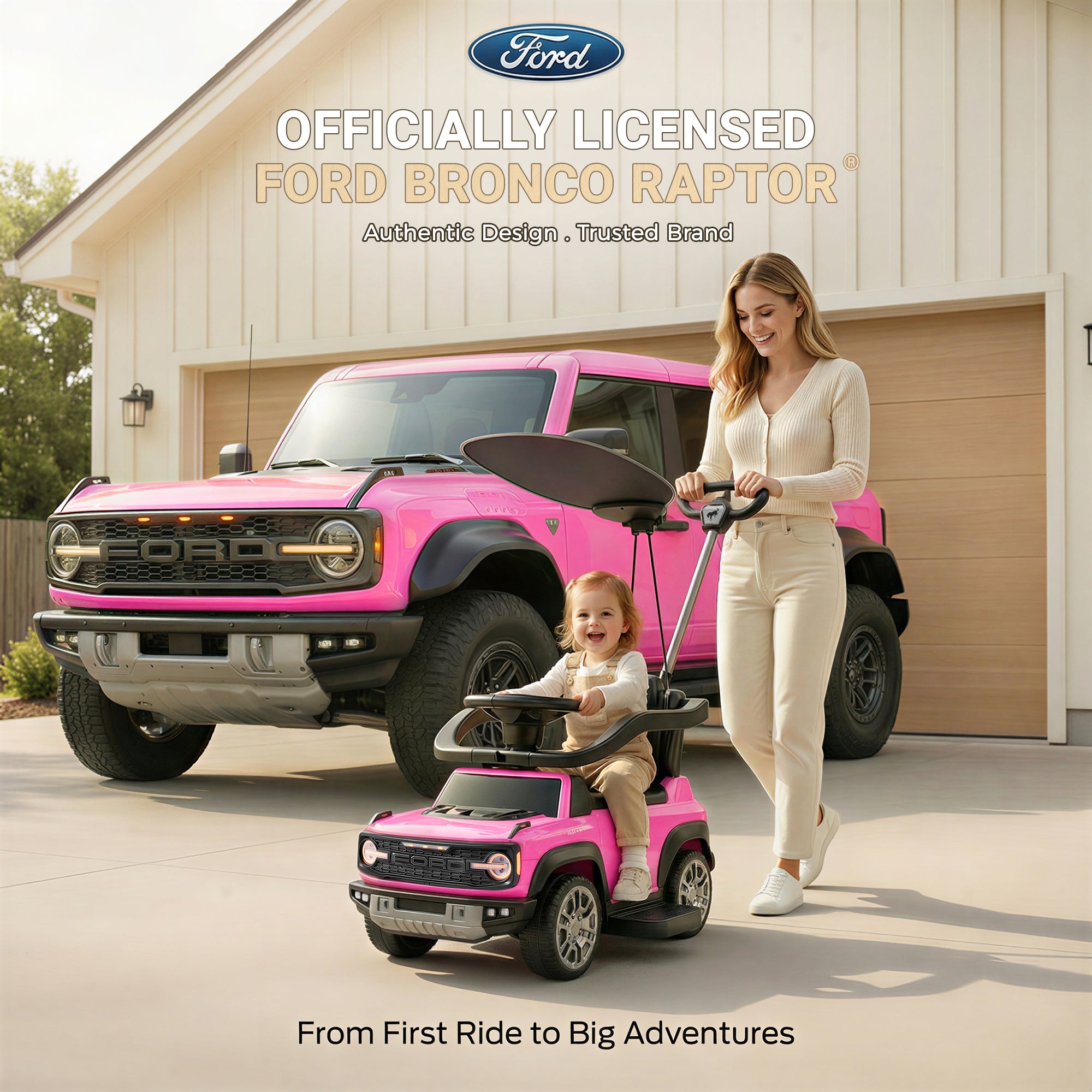 Ford Bronco 3 in 1 Push Car with Canopy for Toddlers 1–3, Ride On Push Car Toy with Adjustable Parent Steering Handle, Removable Guardrail & Footrest, Music, Horn, Under Seat Storage, Silent Wheels
