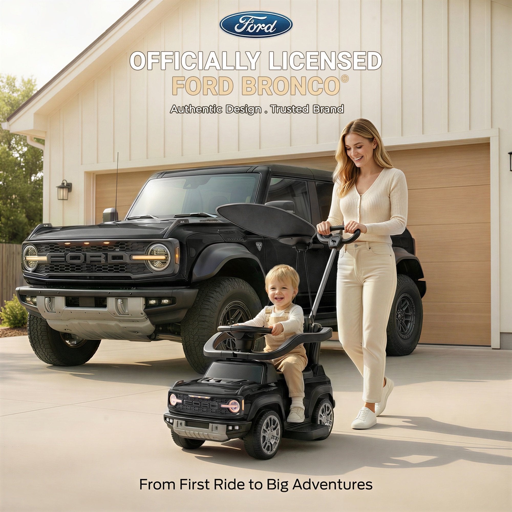 3 in 1 Push Car for Toddlers 1–3, Ford Bronco Ride On Car Toy with Adjustable Parent Steering Handle, Removable Guardrail & Footrest, Canopy, Music, Horn, LED, Under Seat Storage, Silent Wheels