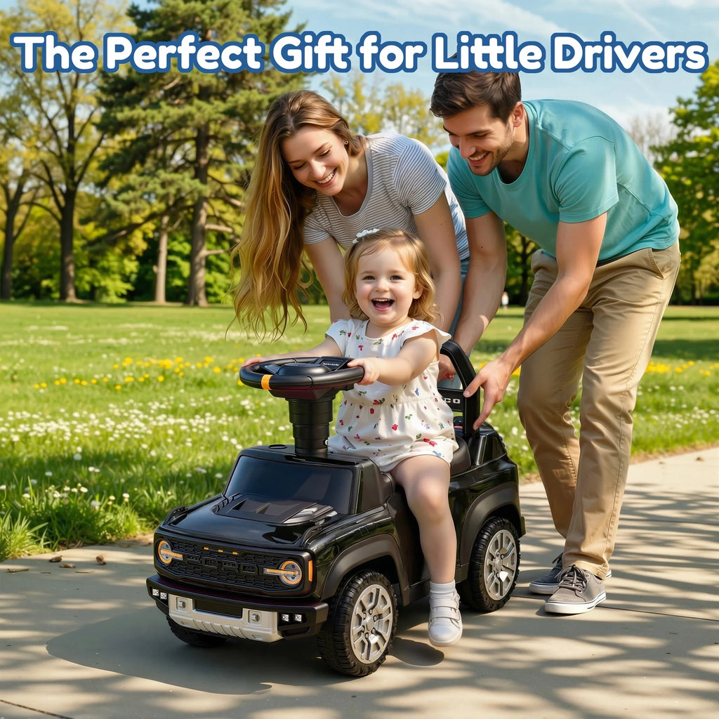 Push Car for Toddlers 1–3, Ford Bronco Ride On Toy with Steering Wheel, Music, Horn & Engine Sounds, LED Lights, Under Seat Storage, Silent Wheels, Easy Push Ride On Car for Boys & Girls, Black