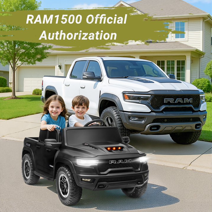 RAM 1500 24V Powered Ride on Cars for Kids, Extra large Real 2 Seat Ride on Toys with Remote Control, LED Light, MP3 Player, Electric Vehicles Ride on Truck for Boys Girls Gifts, Black