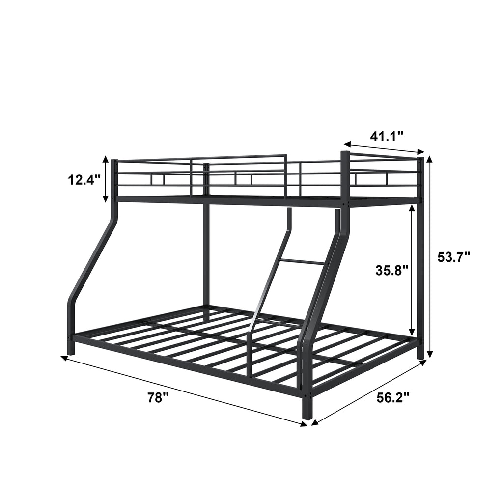 Metal Twin Over Full Bunk Bed, Heavy-duty Metal Bunk Beds For Kids Twin Over Full Size, Low Profile Metal Bunk Bed with Ladder and Full-Length Guardrail, Modern Kids Room Furniture, Black