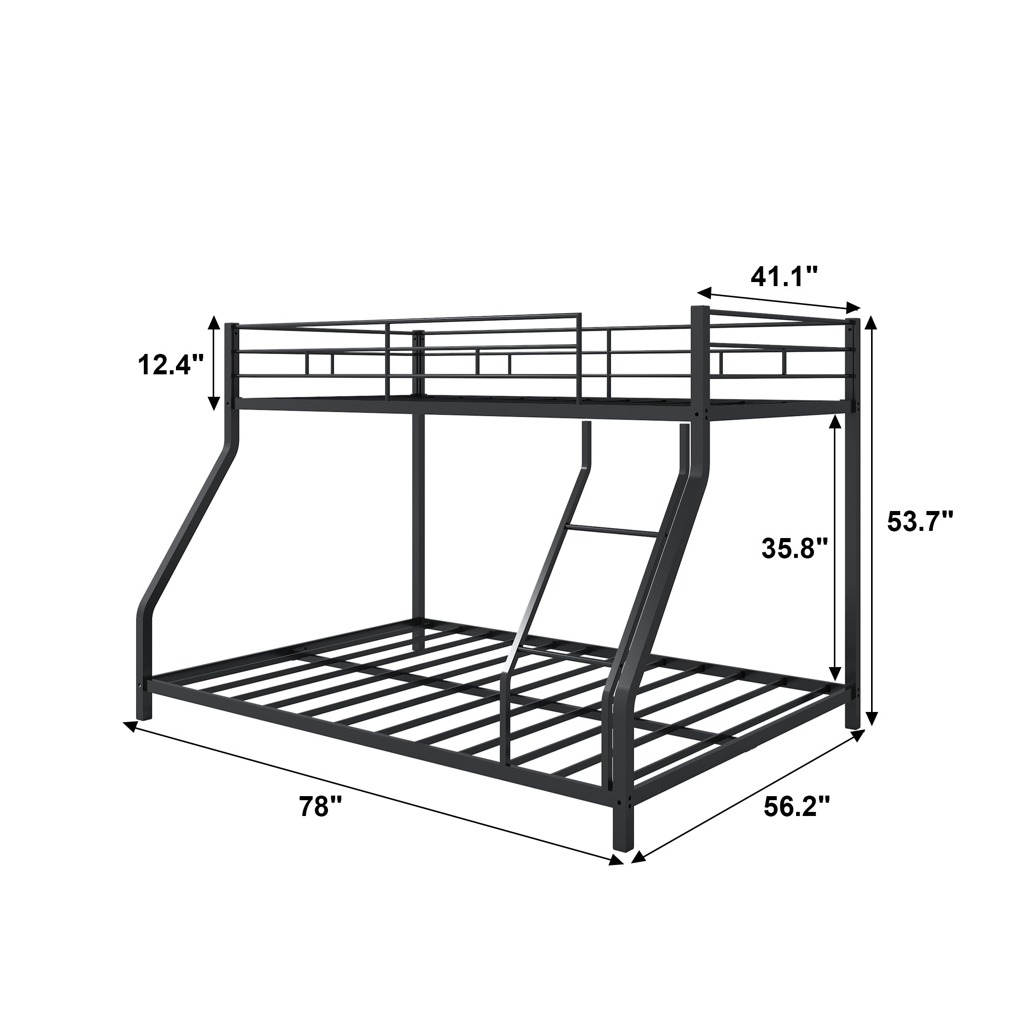 Metal Twin Over Full Bunk Bed, Heavy-duty Metal Bunk Beds For Kids Twin Over Full Size, Low Profile Metal Bunk Bed with Ladder and Full-Length Guardrail, Modern Kids Room Furniture, Black