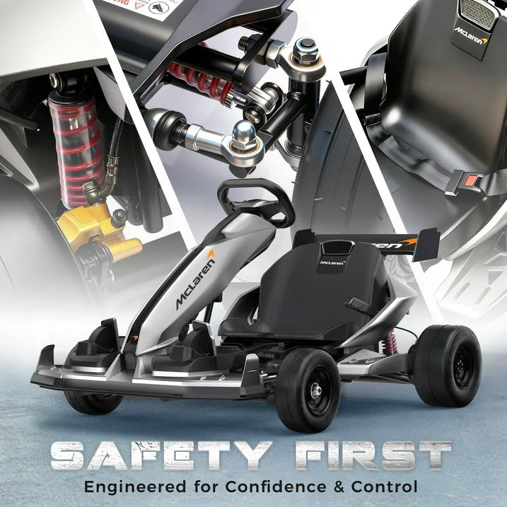 McLaren 48V Electric Go Kart for Adults & Teens, 750W Powered Motor Ride On Toy, LED Light, Hydraulic Disc Brake, 4 Wheel Spring Suspension, 3 Levels Adjustable Chassis, Foldable Design, Silver