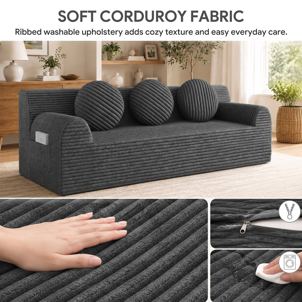 UHOMEPRO 71" Small Cloud Couch, 3 Seater Sofa with High Density Foam, No Assembly Low Profile Floor Couch for Bedroom, Apartment, 1200lbs, Deep Gray