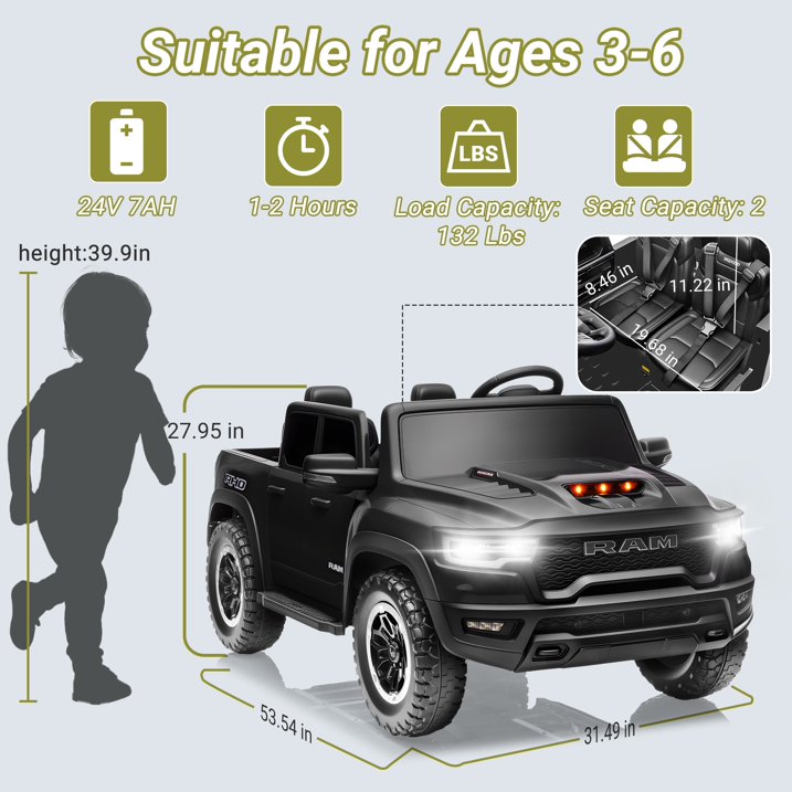 RAM 1500 24V Powered Ride on Cars for Kids, Extra large Real 2 Seat Ride on Toys with Remote Control, LED Light, MP3 Player, Electric Vehicles Ride on Truck for Boys Girls Gifts, Black