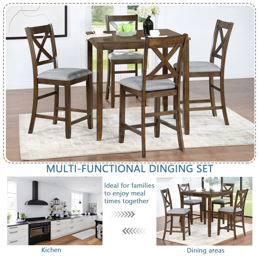 UHOMEPRO Dining Table Set for 4, Modern Counter Height Kitchen Table with 4 Upholstered Chairs, 5 Piece Solid Wood Dining Room Set, Farmhouse Kitchen Dining Table set of 4 for Home, Walnut Style A