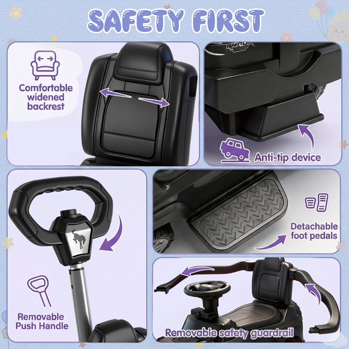 3 in 1 Push Car for Toddlers 1–3, Licensed Ford Bronco Ride On Car with Parent Steering Handle, Steering Wheel, Removable Guardrail & Footrest, Music, Horn, Under Seat Storage, Silent Wheels, Black