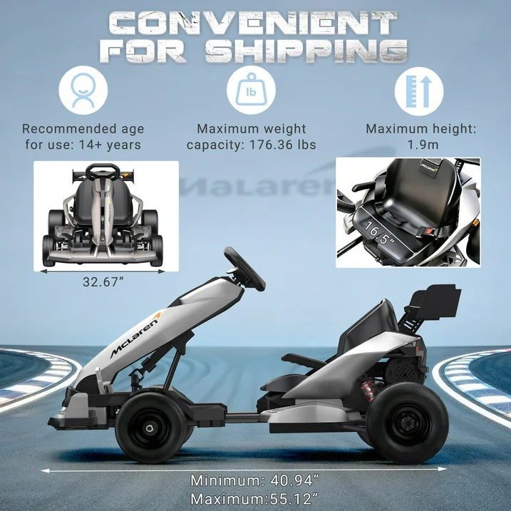 McLaren 48V Electric Go Kart for Adults & Teens, 750W Powered Motor Ride On Toy, LED Light, Hydraulic Disc Brake, 4 Wheel Spring Suspension, 3 Levels Adjustable Chassis, Foldable Design, Silver