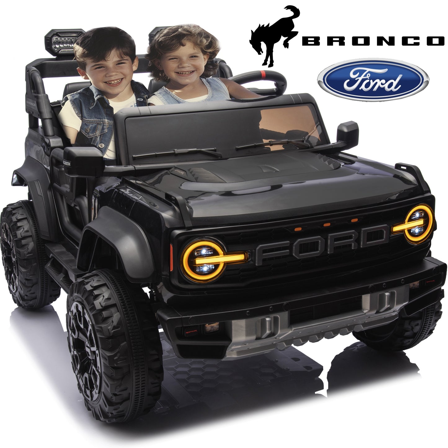 24V Powered Ride On Cars 2 Seater, Licensed Ford Bronco Raptor Electric Car with Remote, Spring Suspension, 2x90W Motor, Bluetooth, 4.4MPH Max, Max Weight 130lb, Kids Ride on Toys for Ages 3-8, Black