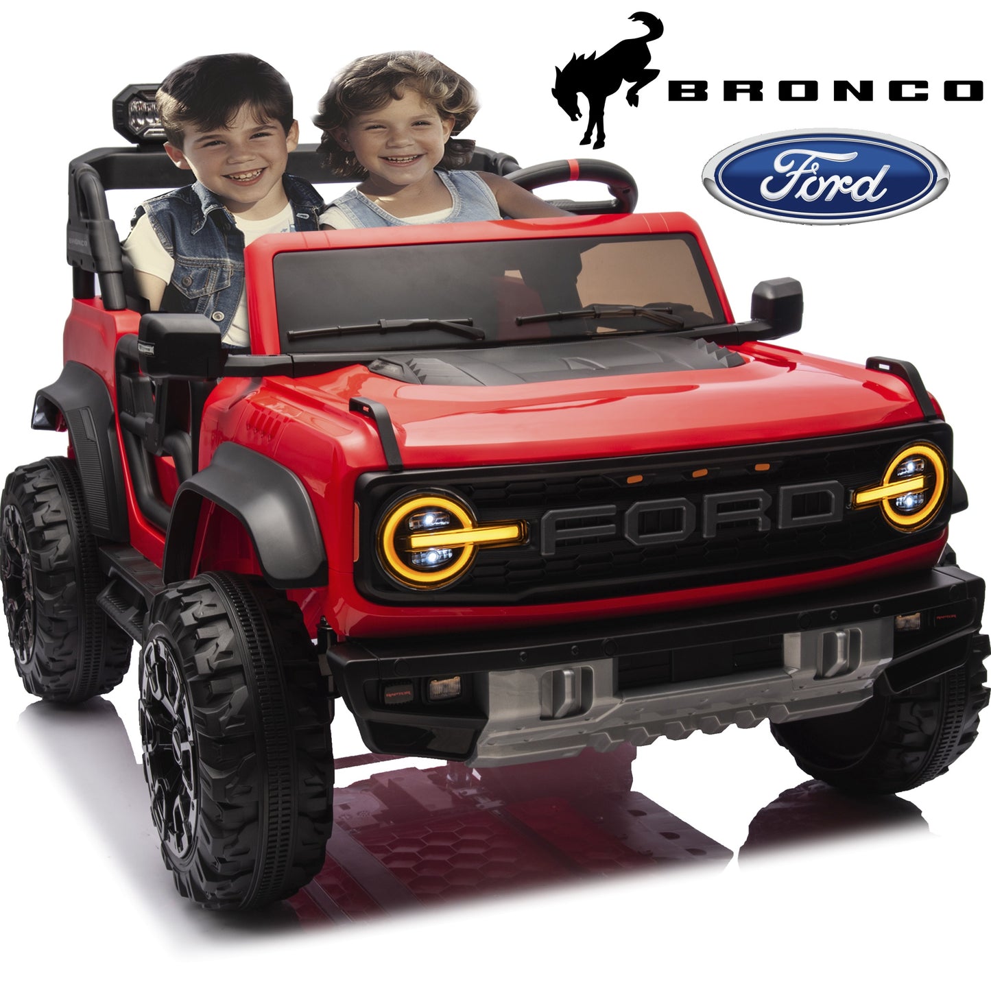 24V Powered Ride On Cars 2 Seater, Licensed Ford Bronco Raptor Electric Car with Remote, Spring Suspension, 2x90W Motor, Bluetooth, 4.4MPH Max, Max Weight 130lb, Kids Ride on Toys for Ages 3-8, Black