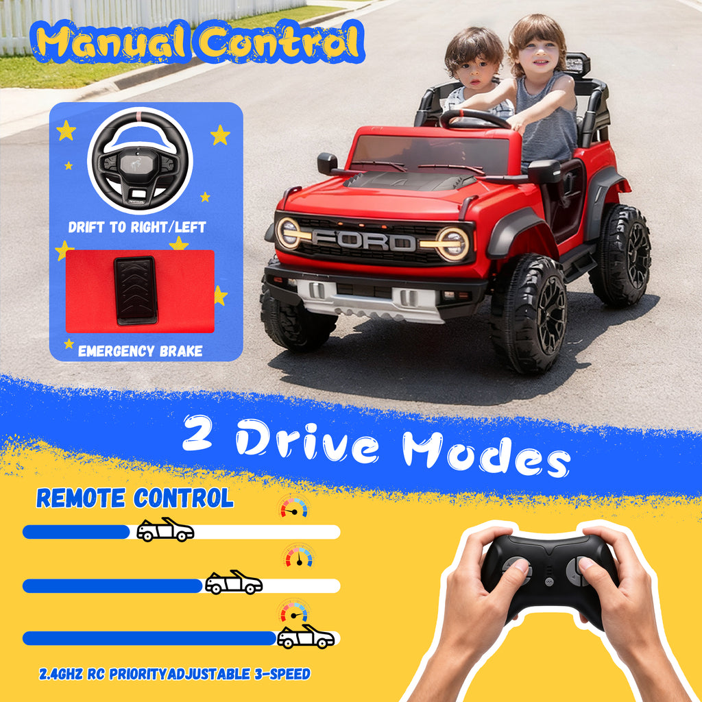 2 Seats 24V Electric Car for Big Kids, Licensed Ford Bronco Raptor Powered Ride On Car with 4 Wheels Spring Suspension, Parent Remote Control, 24V Ride On Toys for Ages 3-8 Boys Girls Gifts