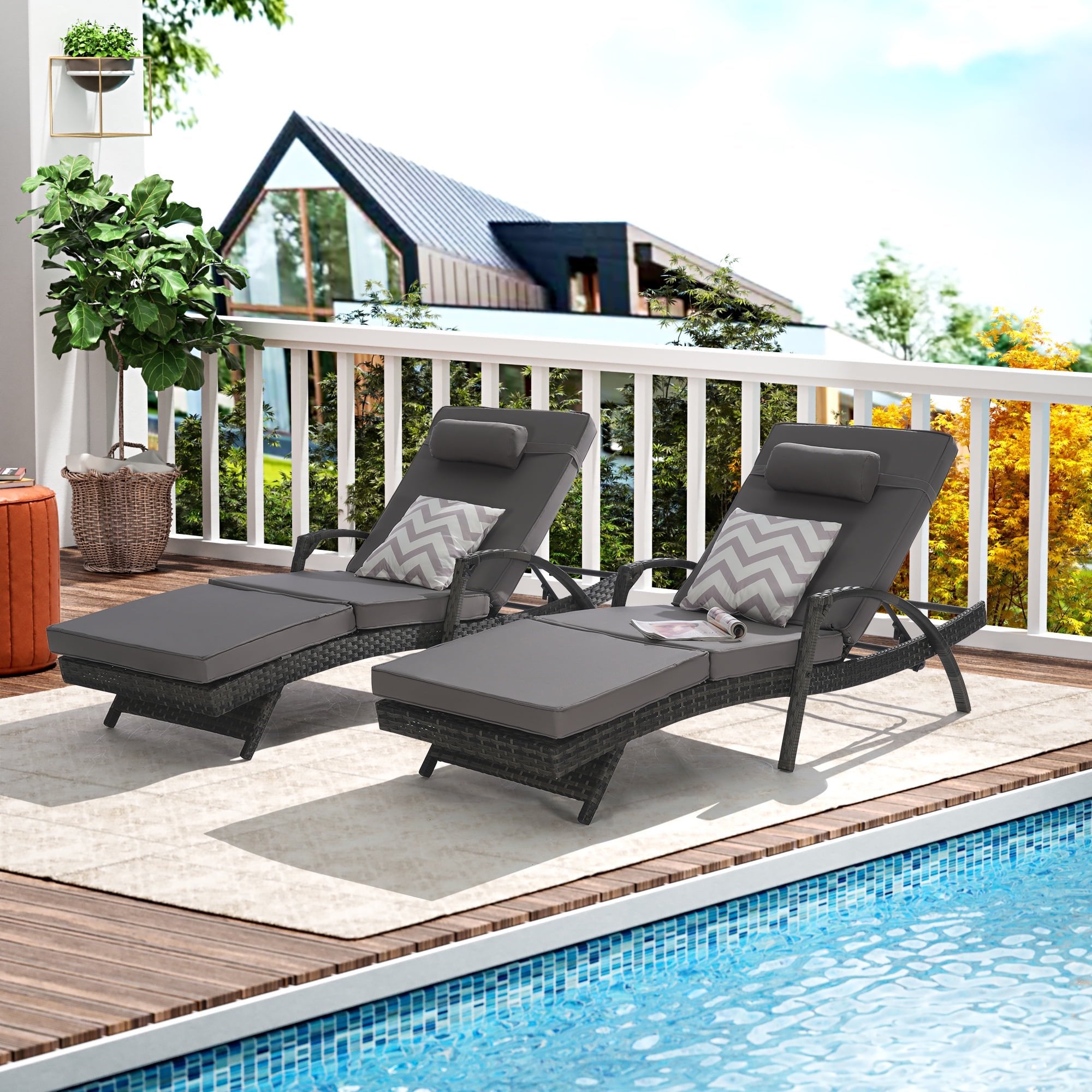 UHOMEPRO Outdoor Chaise Lounge Chair Furniture Sets of 2, Rattan Patio Reclining Chair Set w/ Adjustable Backrest Cushion, Wicker Lounge Chair On Clearance, 5-Level Angles Adjust Backrest, Dark Gray