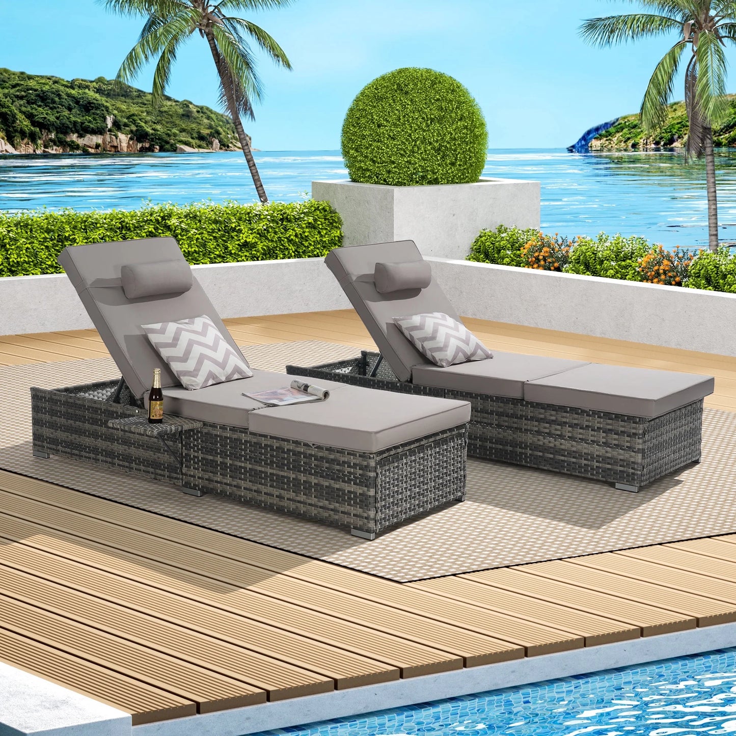 UHOMEPRO 2pcs Chaise Lounge Chair, Modern Rattan Wicker Outdoor Chaise Lounge Set for Patio Poolside Garden, All-Weather Recliner for Beach w/Cushion, Pillow, Back Adjustable, Steel Frame, Beige