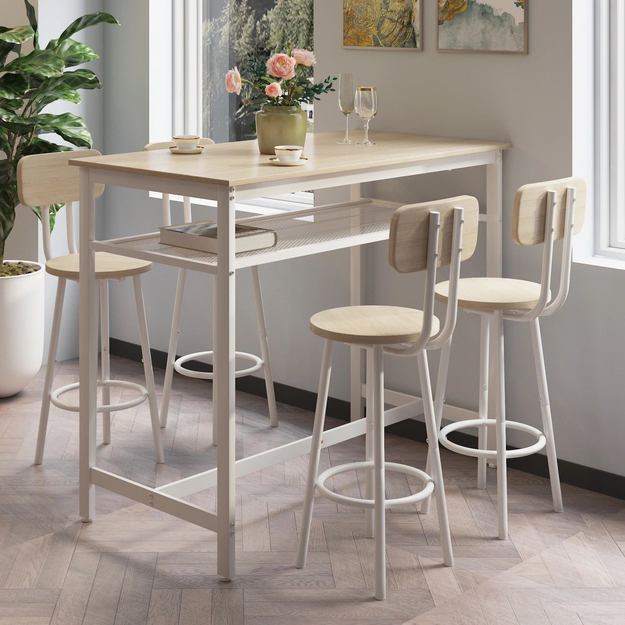 uhomepro 5 Pieces Industrial Bar Table Set with Metal Shelf, Bar Table and Chairs Set, Counter Height Table with 4 Bar Stools, Modern Pub Table Dining Room Table Set for Kitchen, Wood
