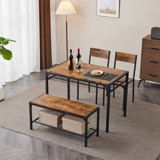 UHOMEPRO 4 Piece Dining Table Set for Home Kitchen, Modern Kitchen Table Set for 4 with Storage Rack, Rectangular Table, Bench, 2 Chairs for Small Space, Strong Steel Frame Support, Gray and Black