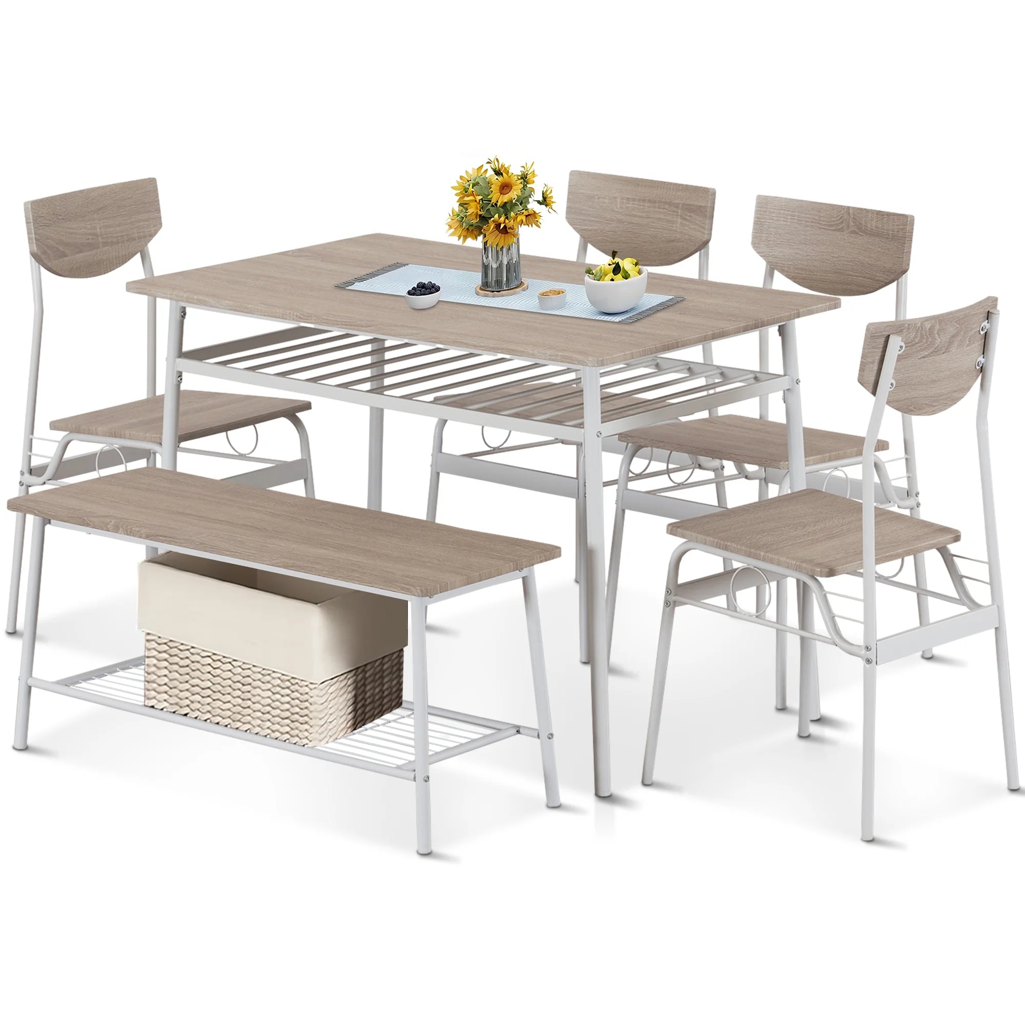 uhomepro 6-Piece Modern Dining Set for Home, Kitchen, Dining Room w/ Storage Rack, Rectangular Table, Bench, 4 Wooden Chairs, Steel Frame - Brown and Black