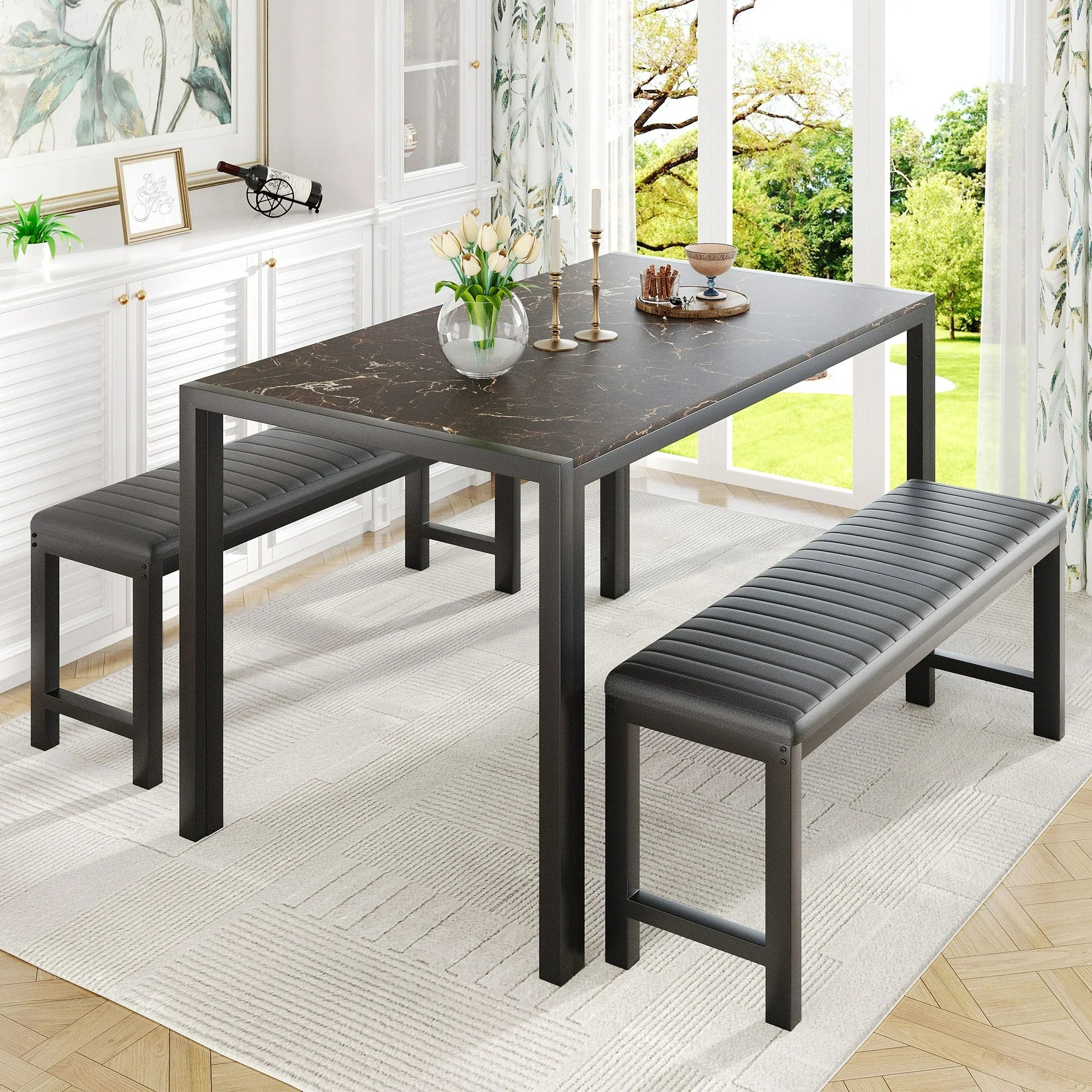 UHOMEPRO Dining Room Table Set, 3-Piece Marble Top Breakfast Nook Dining Table Set with 2 Upholstered Benches, Kitchen Table Set with Metal Frame, Modern Furniture for Home Cafeteria, Brown