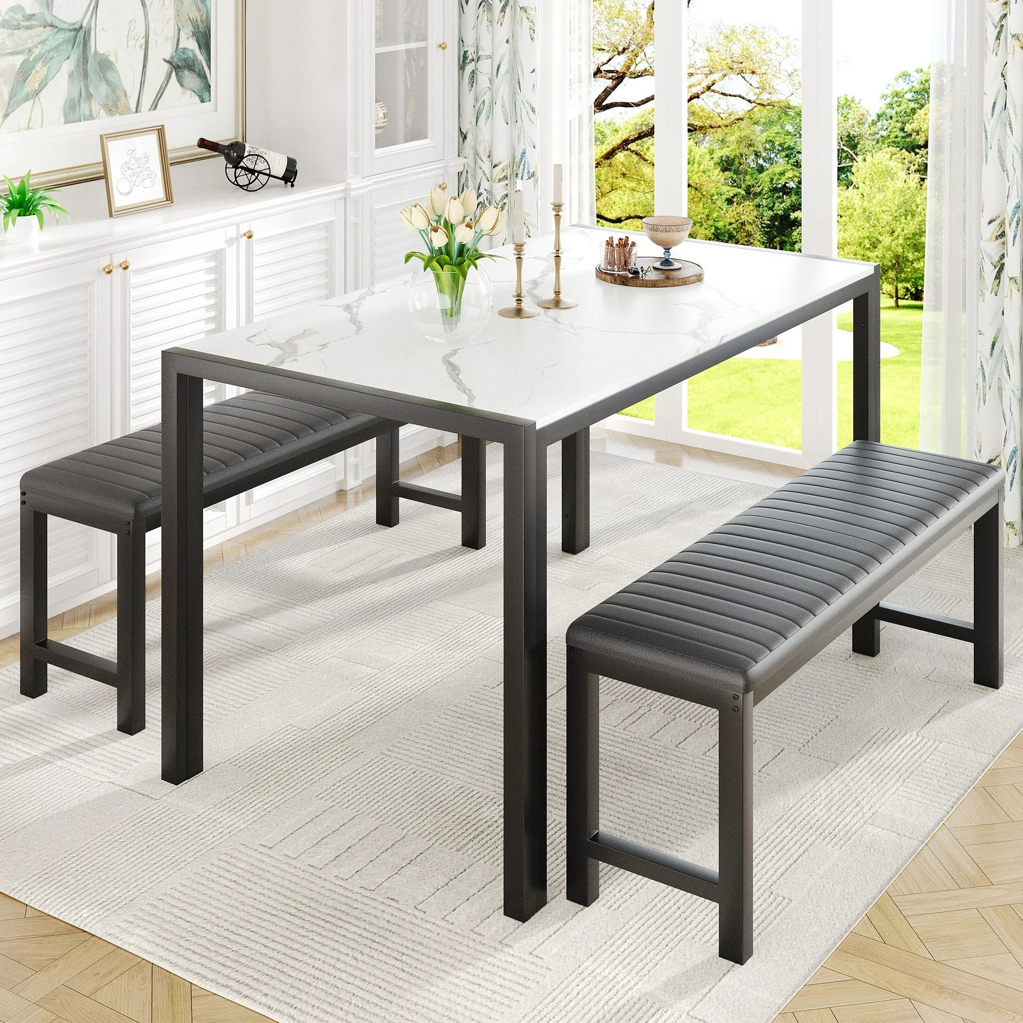 UHOMEPRO Dining Room Table Set, 3-Piece Marble Top Breakfast Nook Dining Table Set with 2 Upholstered Benches, Kitchen Table Set with Metal Frame, Modern Furniture for Home Cafeteria, Brown