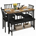 uhomepro Dining Table Set for 6, 6 Piece Kitchen Table Set with 4 PU Leather Chairs and Bench, Dining Set with Storage Rack for Dining Room, Kitchen and Apartment, Brown and Black