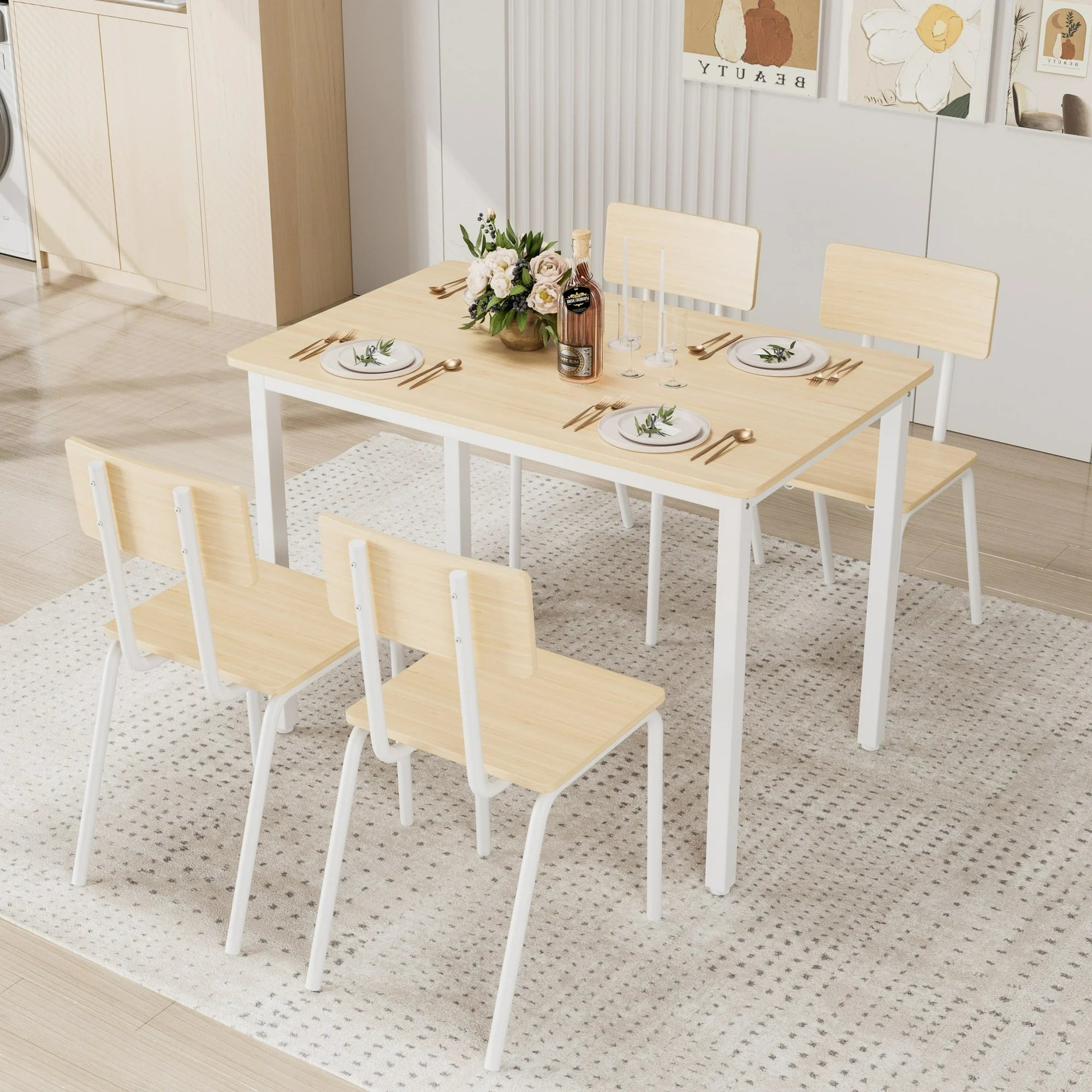 UHOMEPRO Dining Table Set for 4, Modern 5 Piece Dining Room Set with 4 Wooden Chairs, Farmhouse Rectangle Kitchen Table Set for Home, Breakfast Nook, Dining Room, Strong Metal Frame Support, Wood