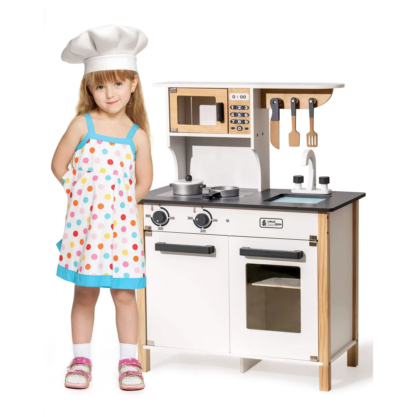 COCLUB Pretend Play Kitchen Wooden Toy Set for 3-8 Kids Gifts for Christmas and Birthday w/ Utensils, Microwave