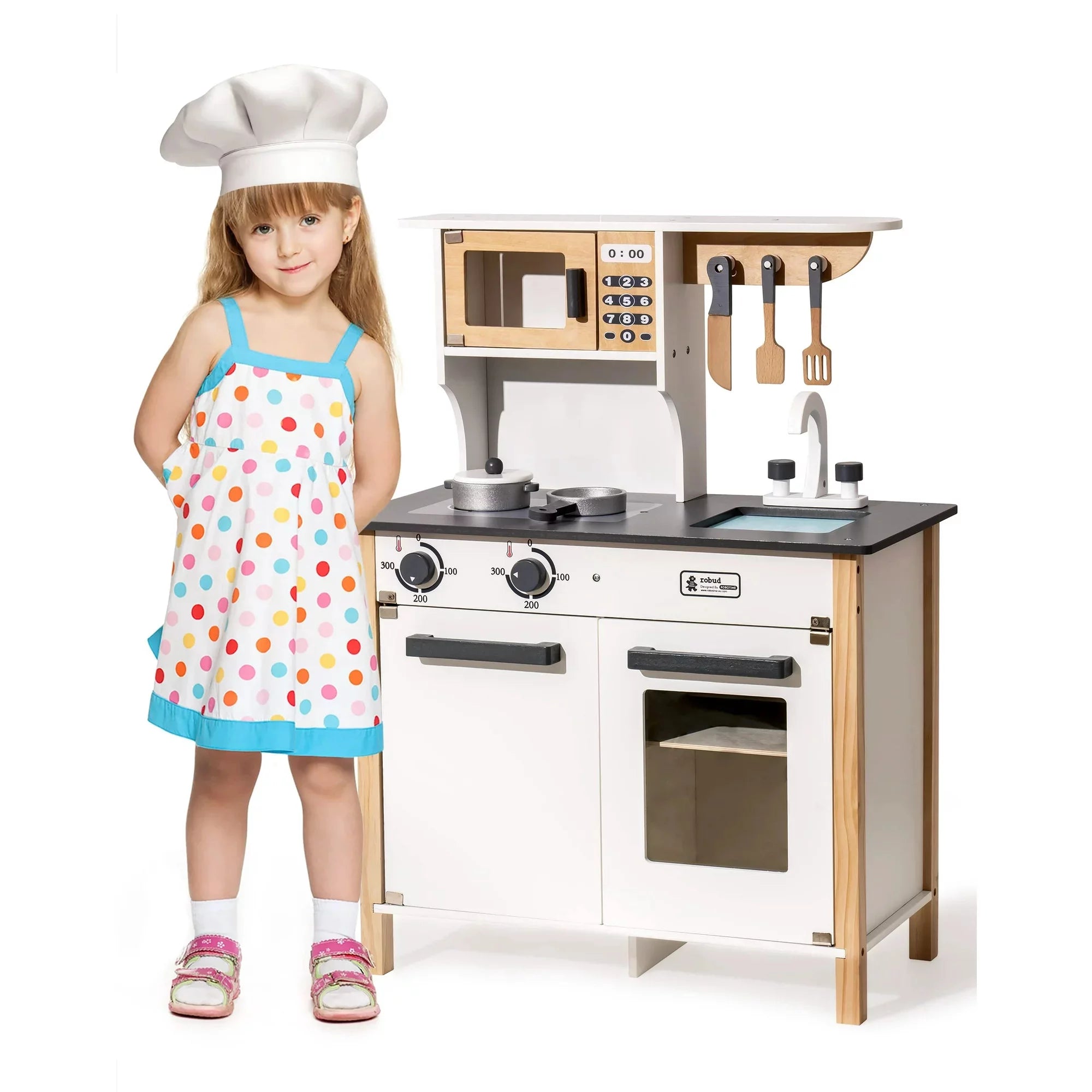 COCLUB Pretend Play Kitchen Wooden Toy Set for 3-8 Kids Gifts for Christmas and Birthday w/ Utensils, Microwave